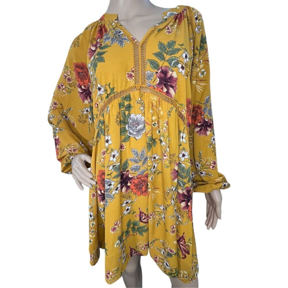 Umgee Long Sleeve Flowy Yellow Floral Pattern Mini Dress